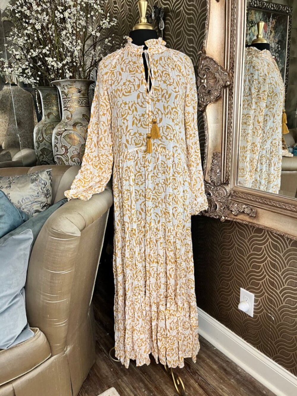 Roma bohemian white yellow floral print maxi dress